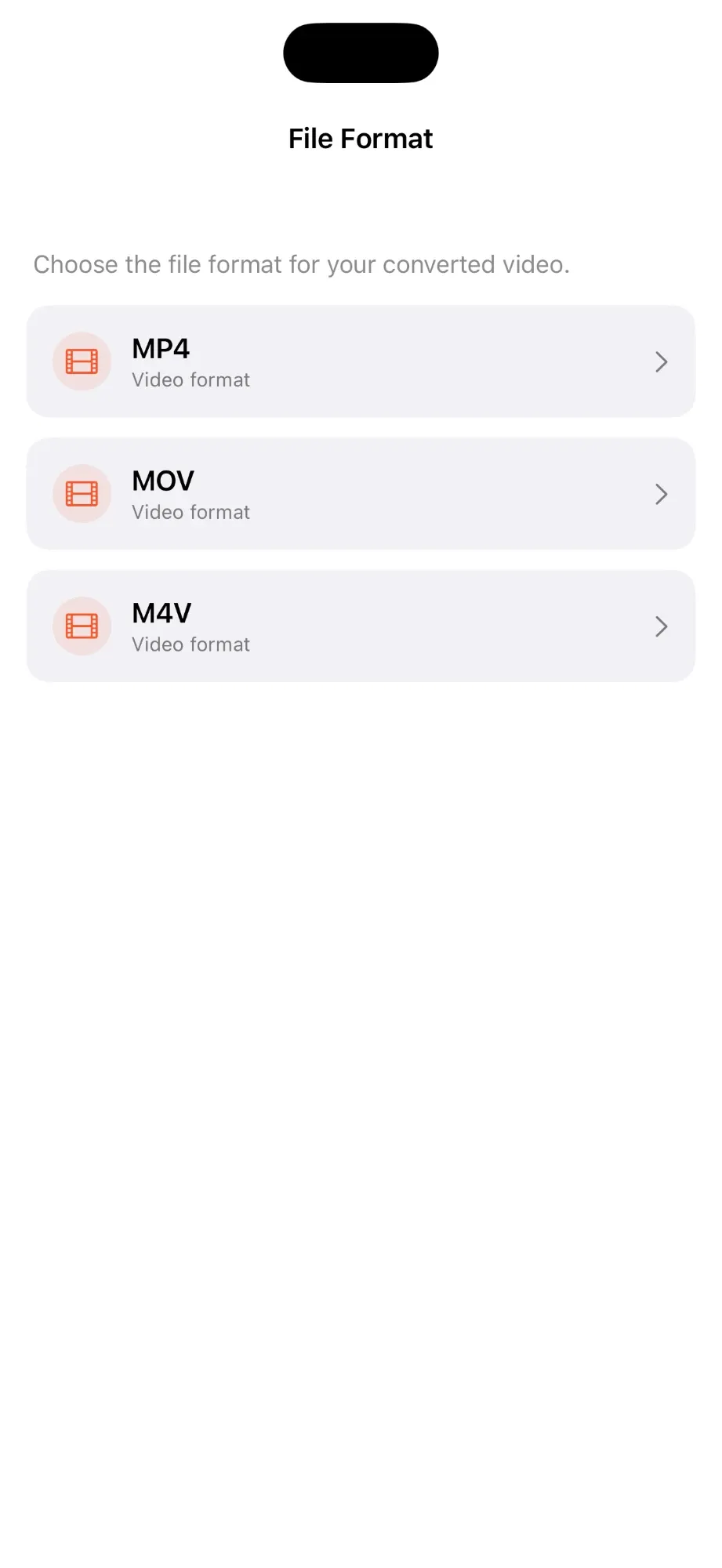 File Format screen with MP4, MOV and M4V options