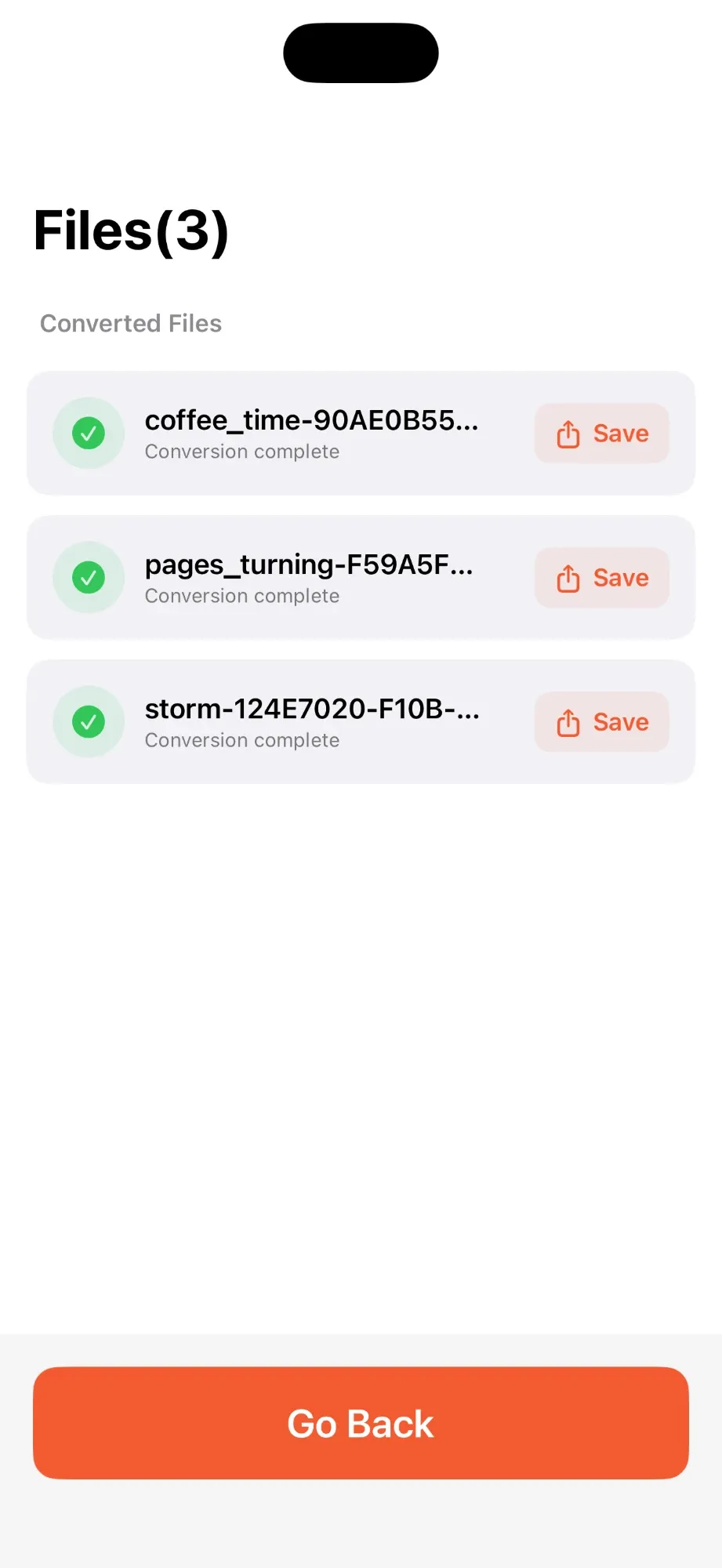 Converted files list with a Save button next to each file